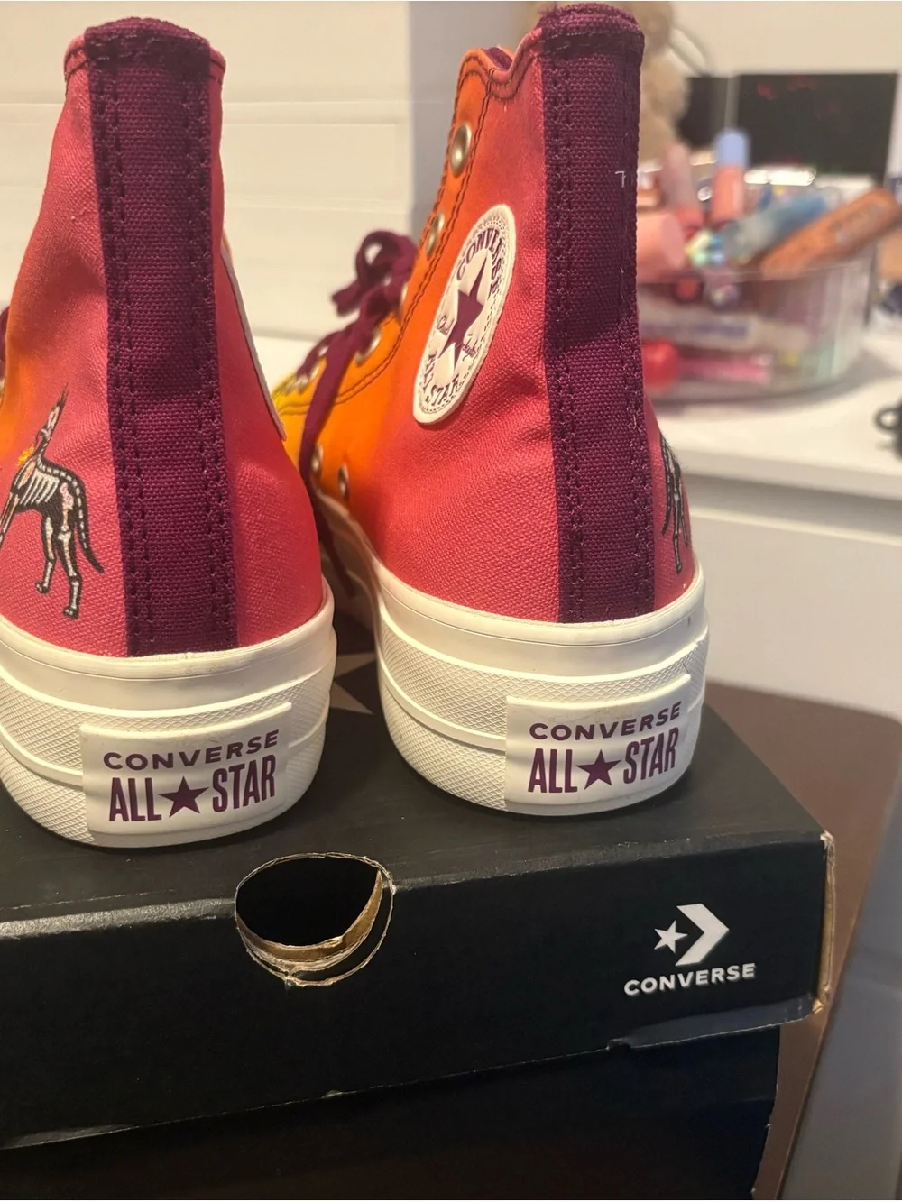Women’s Gradient High-Top Canvas Sneakers in Yellow-Orange with Burgundy Laces